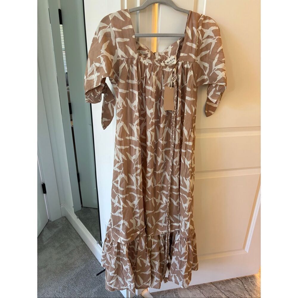 Beige Floral Midi Dress with Tie Sleeves - Picture 3 of 10